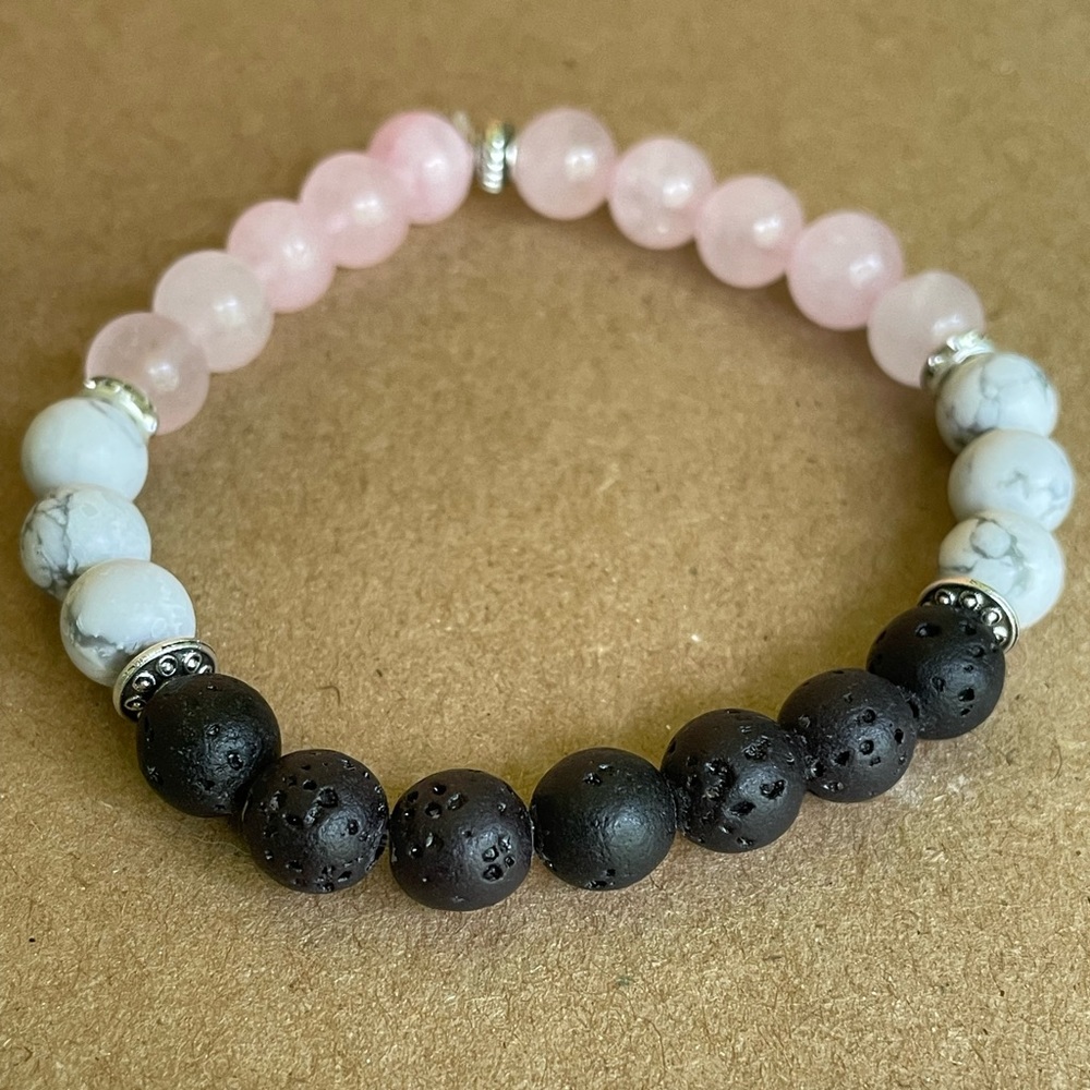 Handmade Natural Stone Bracelet- Lava Stone, Howlite, and Rose Quartz